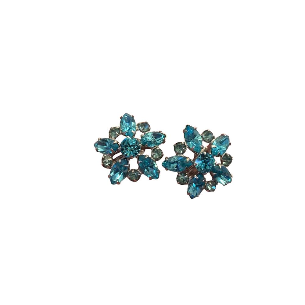 Vintage Aqua Blue Rhinestone Floral Earrings Screwback 1950s Mid Century Cluster